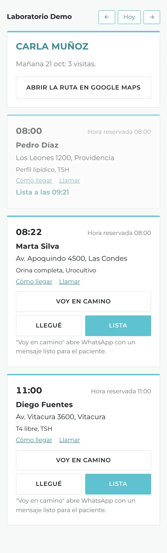 Ruta del día en el celular de la enfermera, con botones Voy en camino, Llegué y Lista