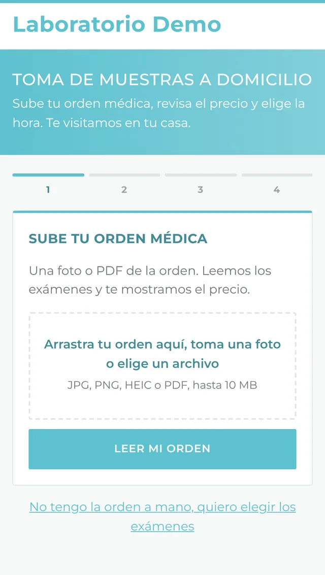 Pantalla para subir la foto de la orden médica
