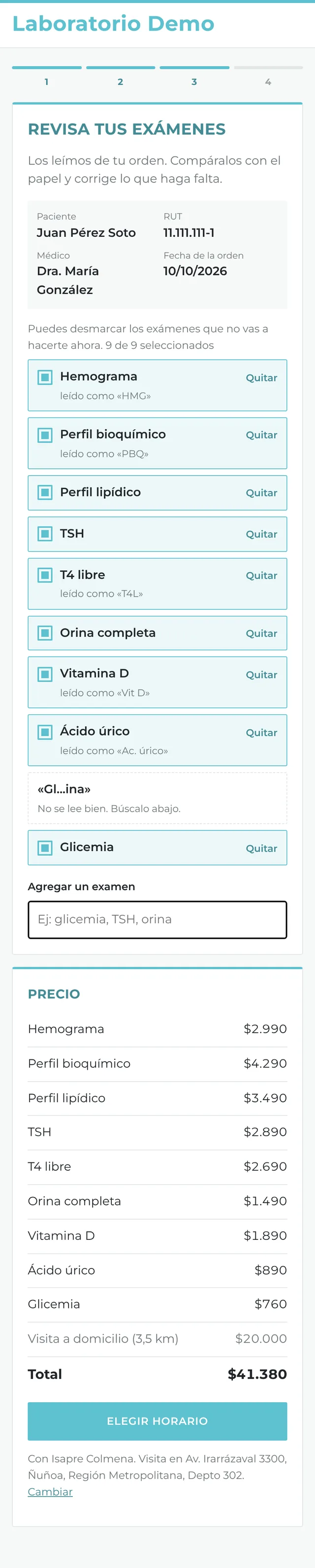 Exámenes detectados en la orden: Hemograma leído como HMG, Perfil bioquímico leído como PBQ