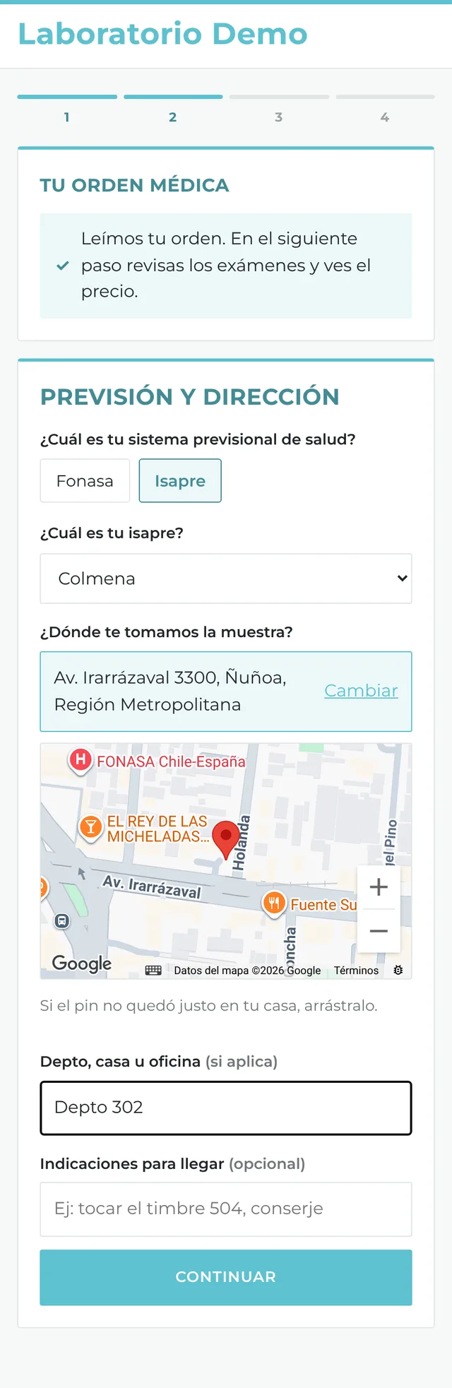 Pantalla para elegir previsión y marcar la dirección en el mapa