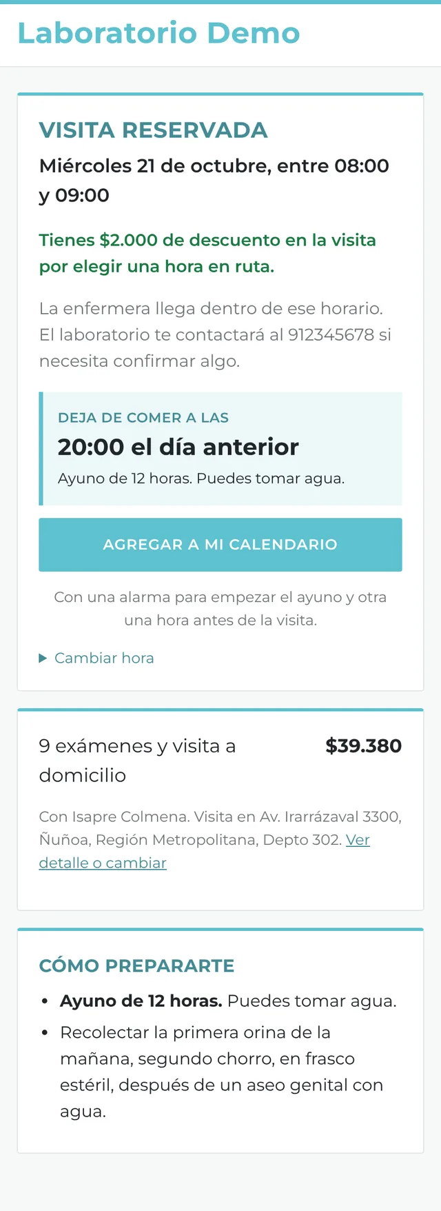 Confirmación de la visita con la hora para dejar de comer