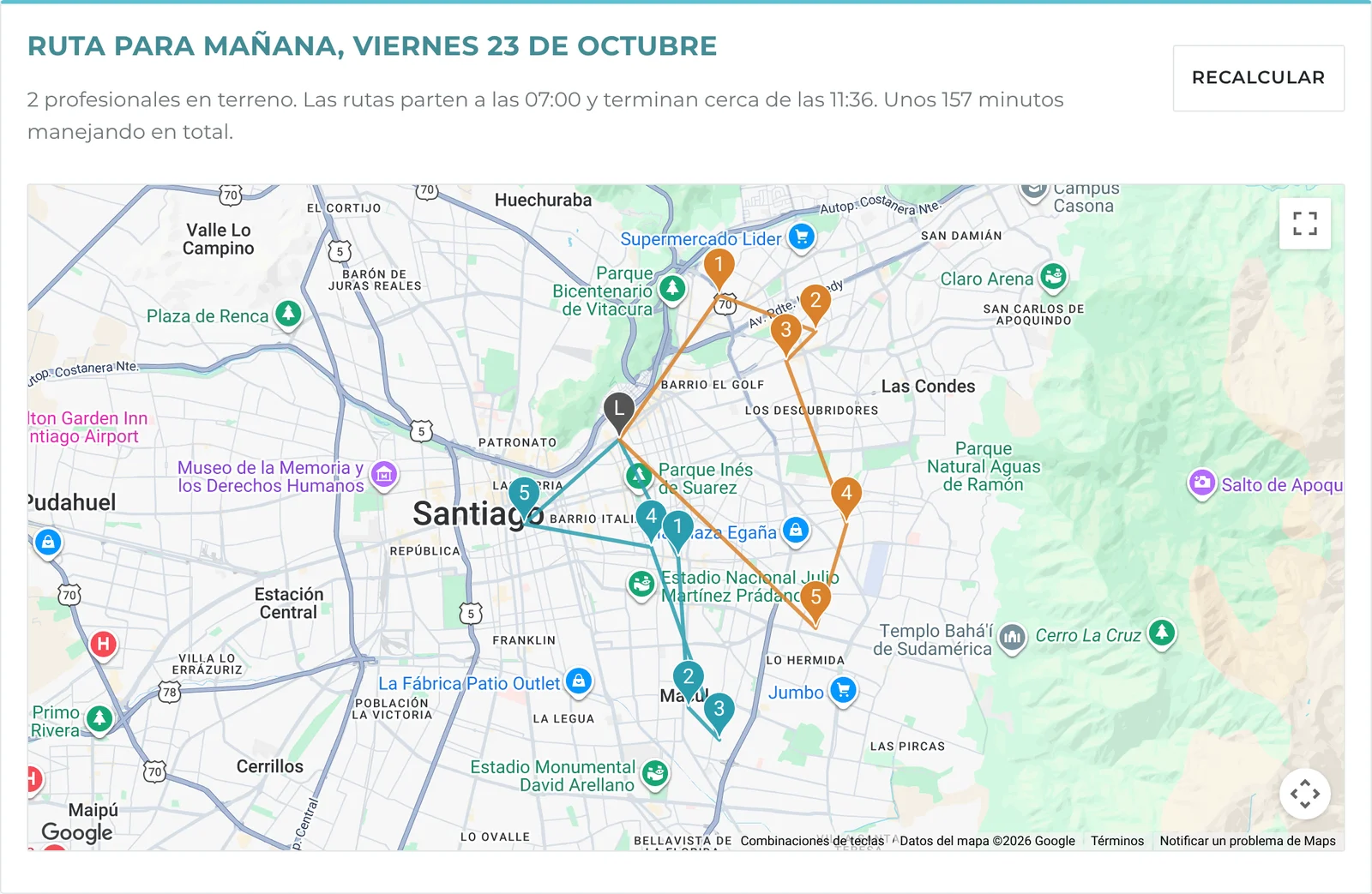 Panel del laboratorio con las rutas del día de dos profesionales sobre el mapa de Santiago